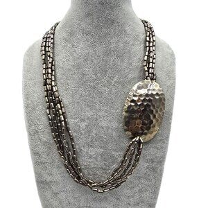Vintage Silver Tone Multi-Strand Bar Bead Necklace w Offset Puffy Hammered Oval